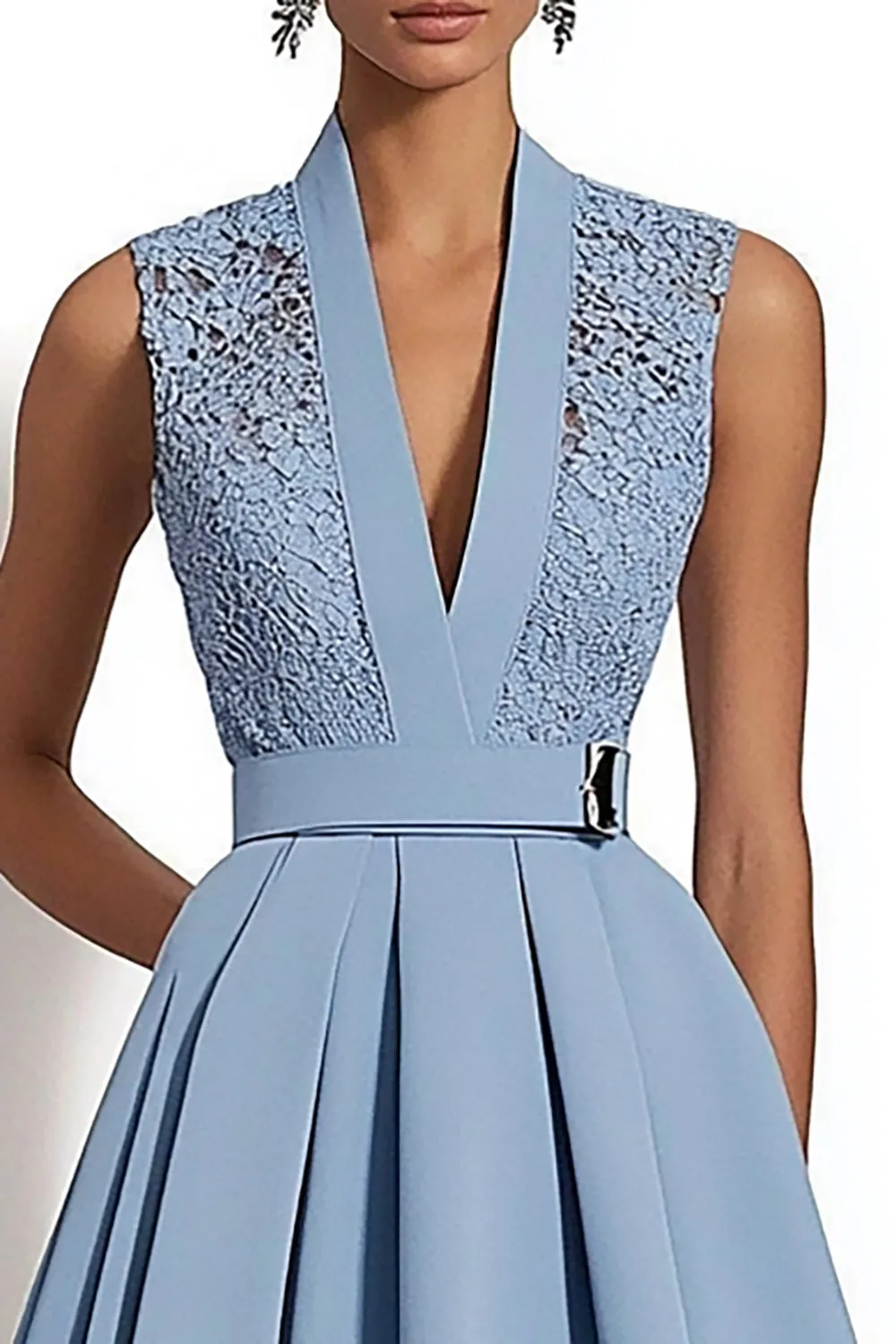 Grey Blue Satin V-Neck A Line Midi Work Dress with Appliques sold by Zapaka product image thumbnail 2