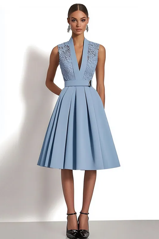 Grey Blue Satin V-Neck A Line Midi Work Dress with Appliques sold by Zapaka