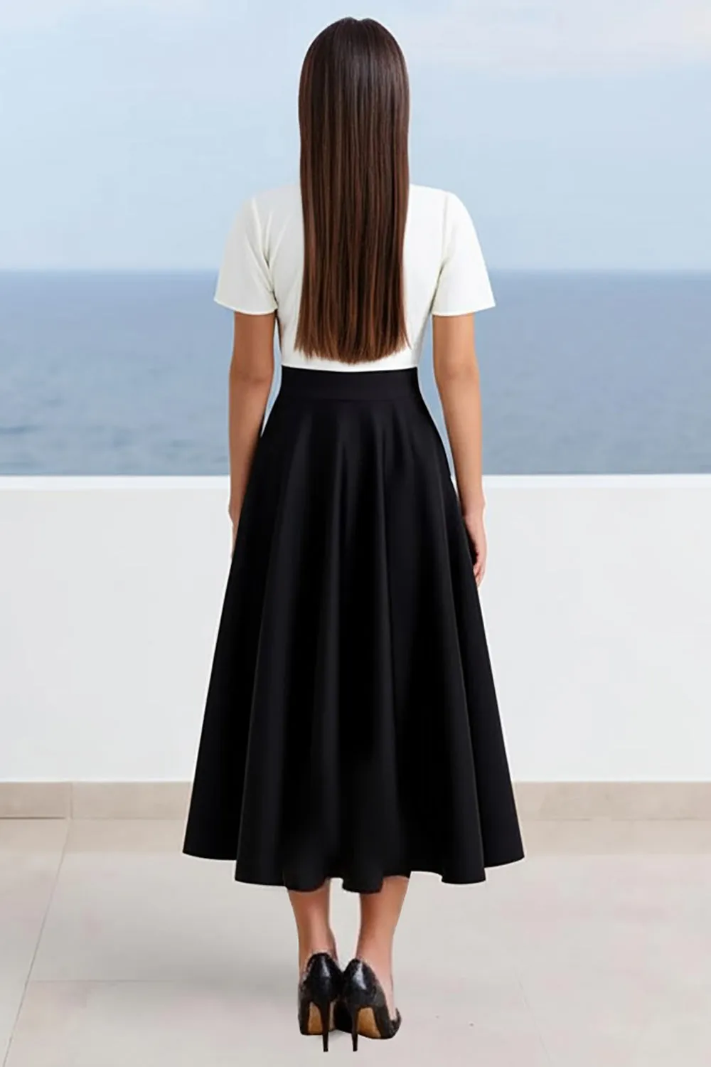 Ivory and Black Satin A Line Long Work Dress with Sleeves sold by Zapaka product image thumbnail 2