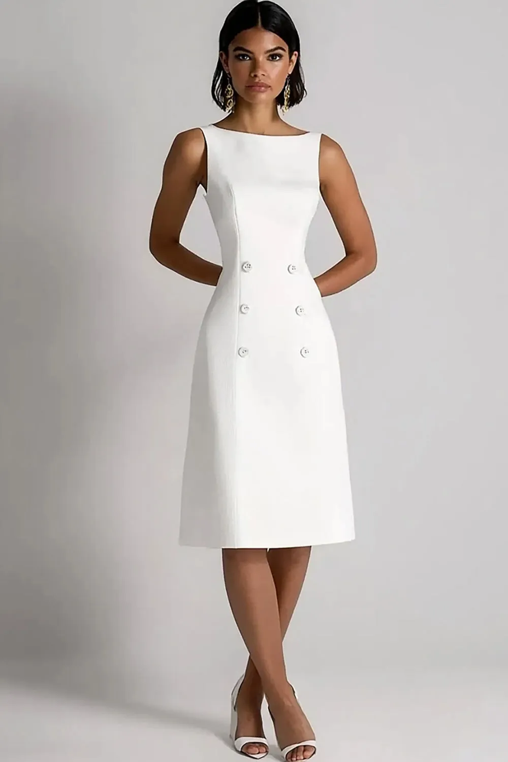 Ivory Satin A Line Double Breasted Midi Work Dress sold by Zapaka