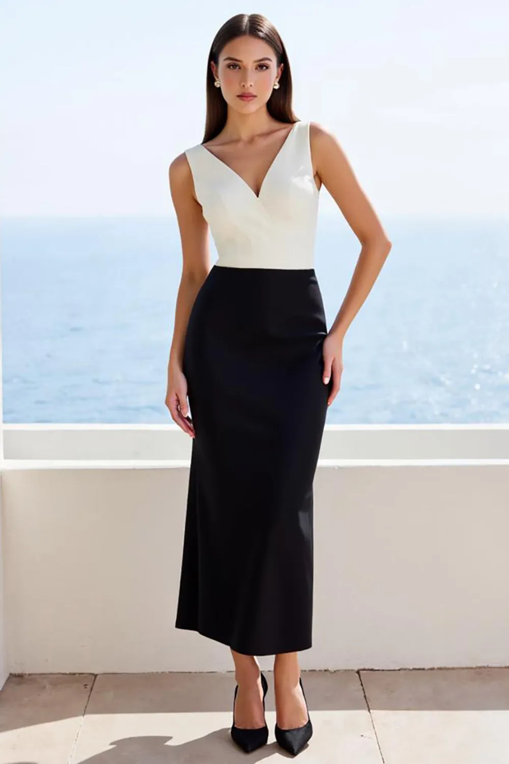 Ivory and Black Sheath V-Neck Satin Long Work Dress sold by Zapaka