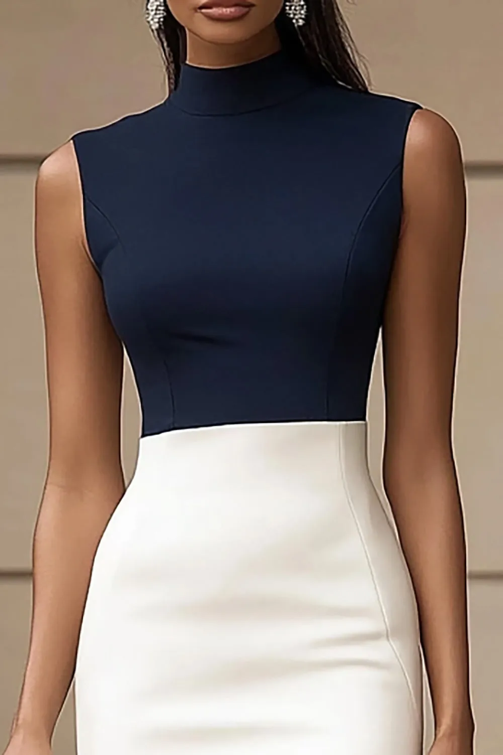Navy and Ivory Satin Bodycon High Neck Short Work Dress sold by Zapaka product image thumbnail 2