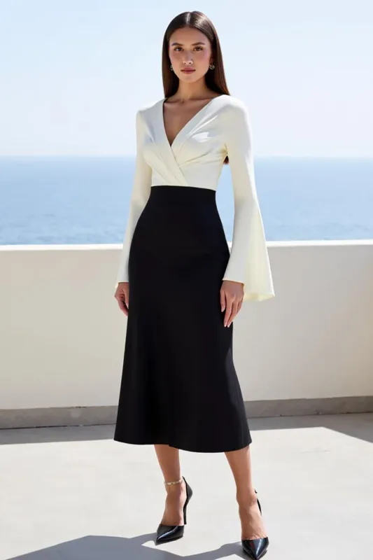 Ivory and Black Satin Flare Sleeve Long  Work Dress sold by Zapaka