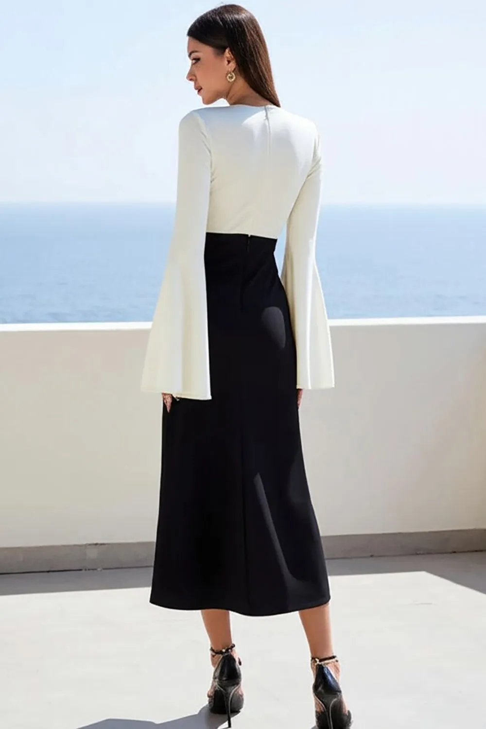 Ivory and Black Satin Flare Sleeve Long Work Dress sold by Zapaka product image thumbnail 2