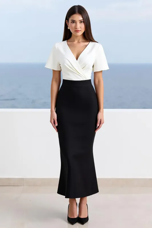 Ivory and Black V-Neck Satin Sheath Long Work Dress sold by Zapaka
