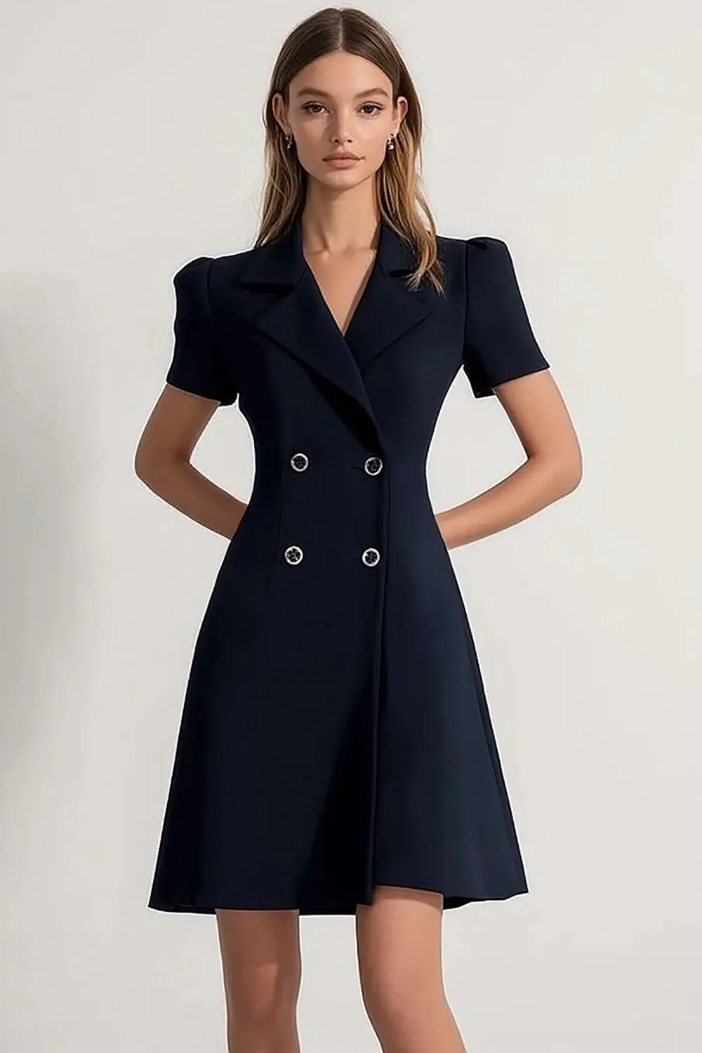Navy Peak Lapel Double Breasted Satin Short Work Dress sold by Zapaka