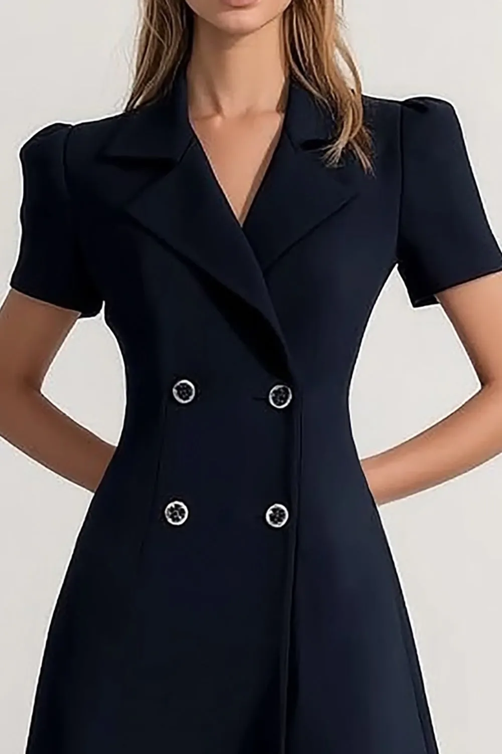 Navy Peak Lapel Double Breasted Satin Short Work Dress sold by Zapaka product image thumbnail 2