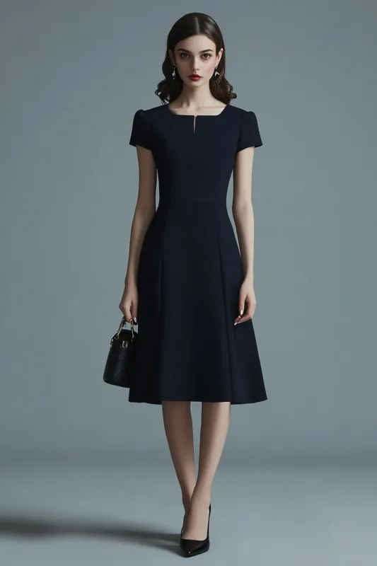 A Line Short Sleeves Navy Midi Work Dress sold by Zapaka