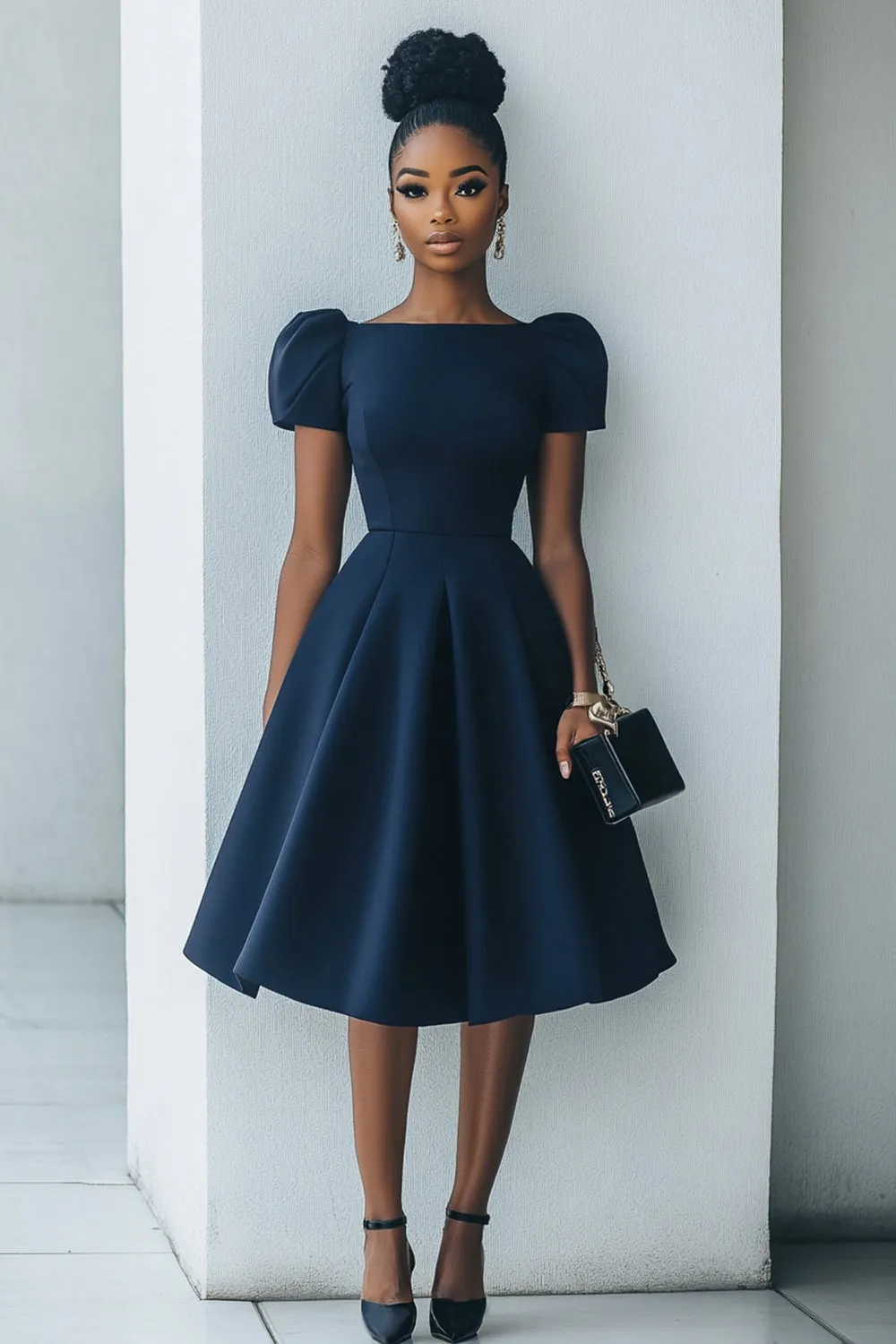 Navy A Line Short Sleeves Midi Work Dress sold by Zapaka