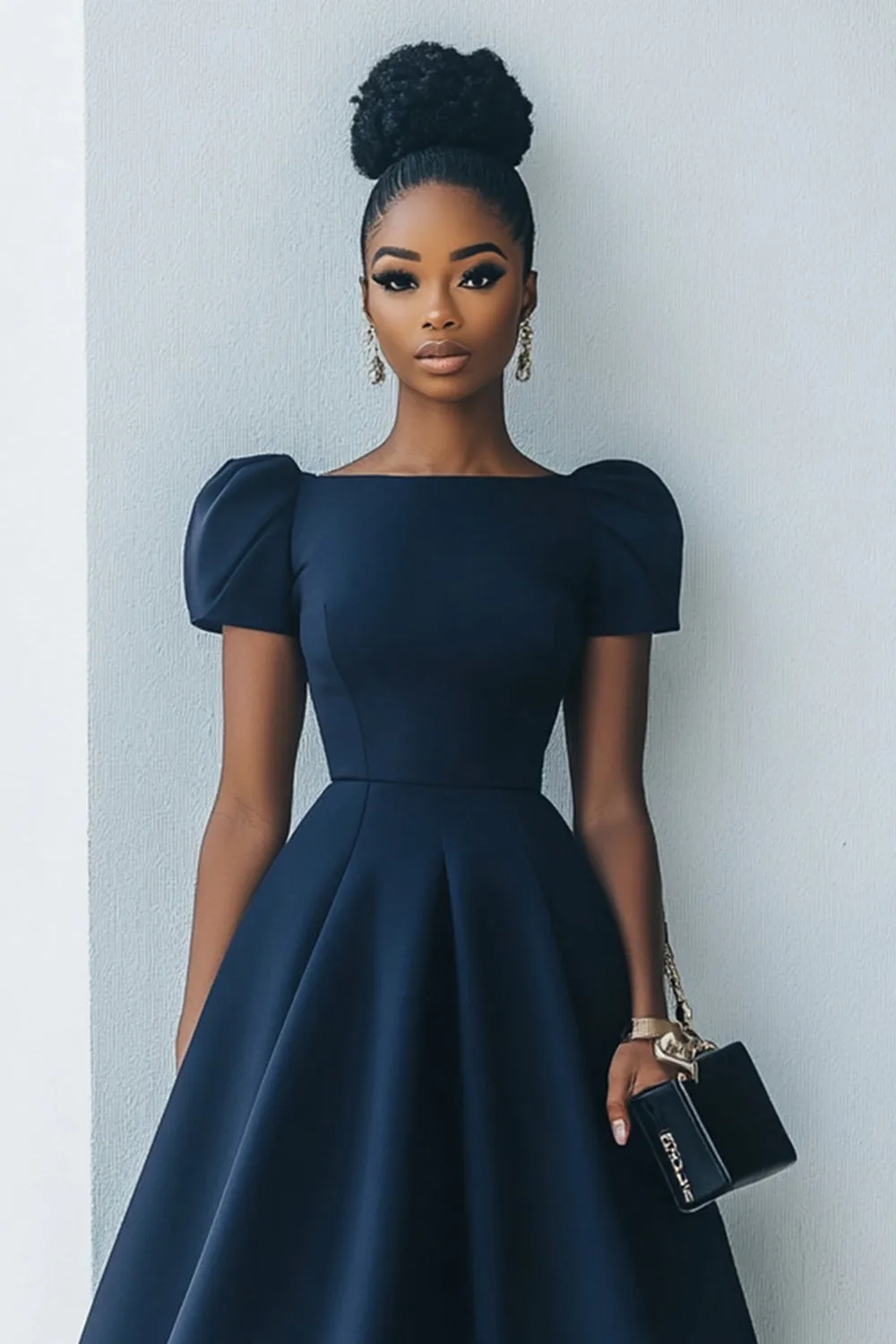 Navy A Line Short Sleeves Midi Work Dress sold by Zapaka product image thumbnail 2