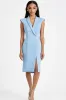 Sky Blue Satin Peak Lapel Bodycon Short Work Dress with Slit sold by Zapaka