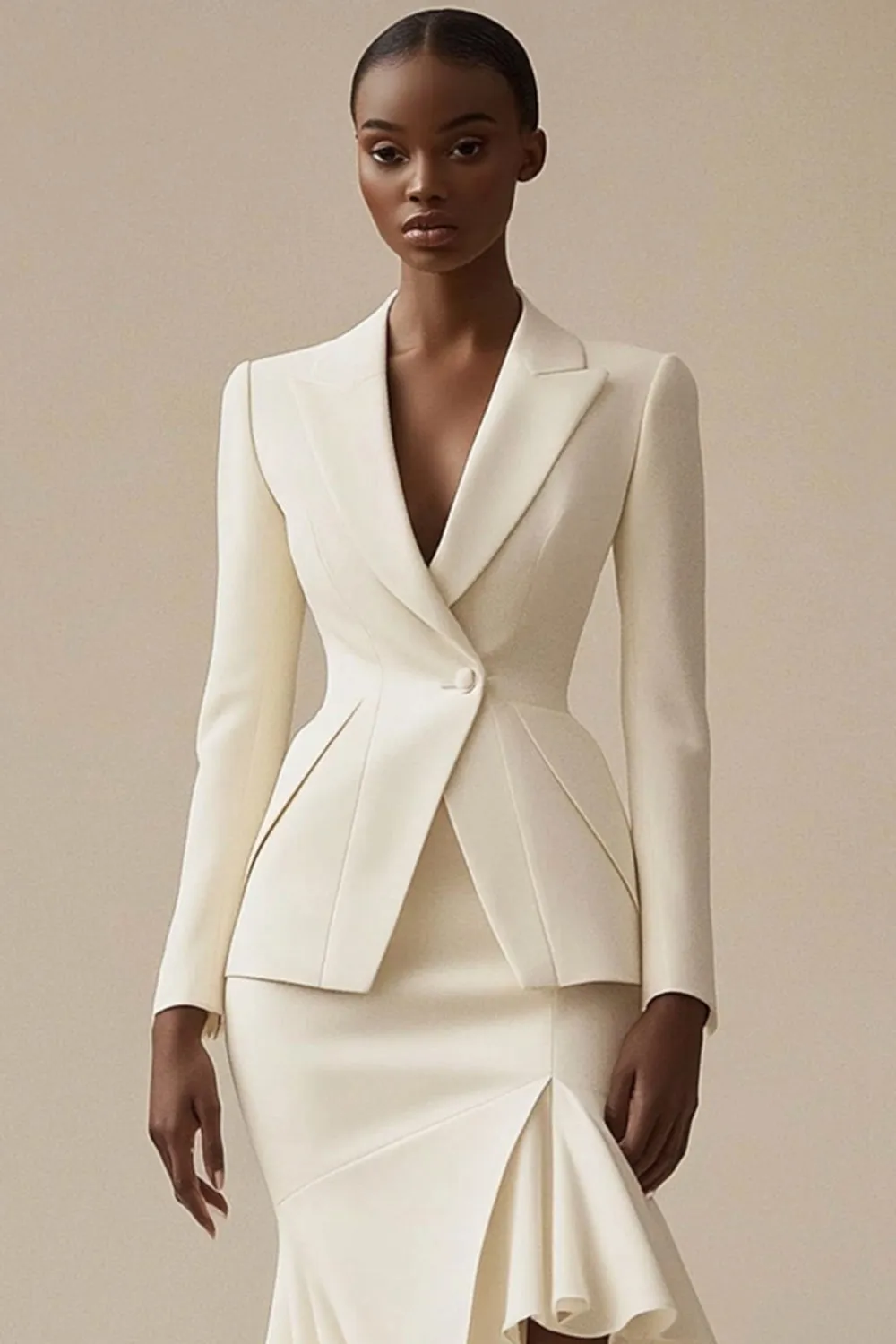 Ivory 2 Piece Peak Lapel Midi Work Dress with Ruffles sold by Zapaka product image thumbnail 2