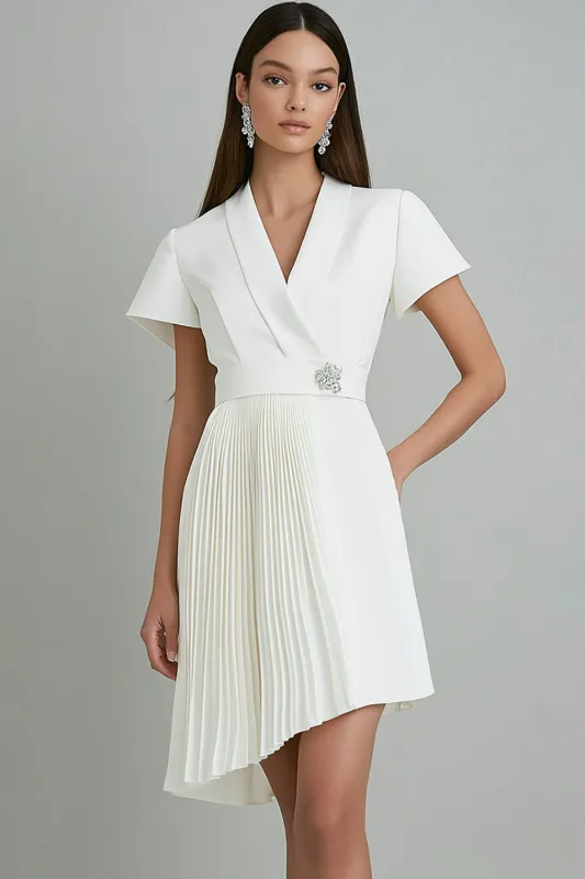 Ivory Satin Short Sleeve Asymmetrical Work Dress sold by Zapaka