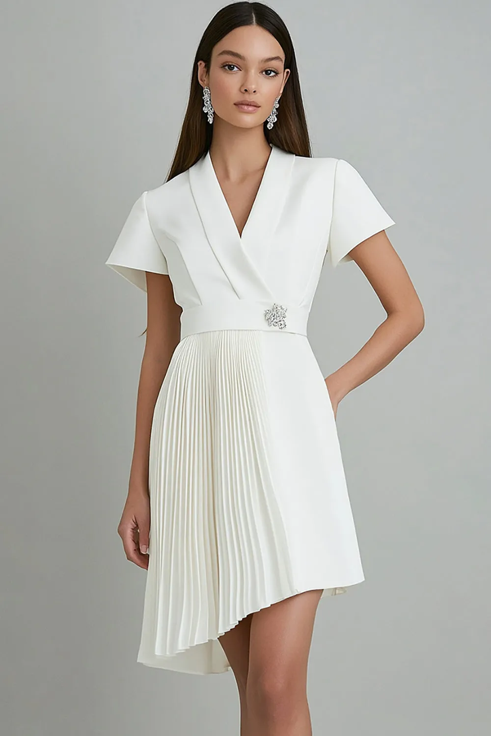 Ivory Satin Short Sleeve Asymmetrical Work Dress sold by Zapaka