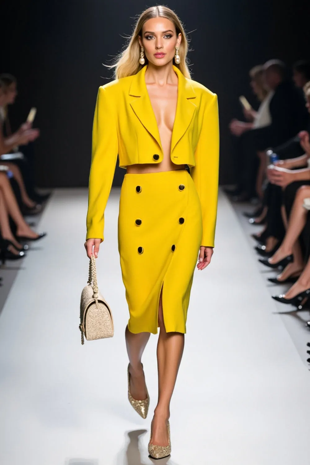 Yellow Notched Lapel Sheath Two-piece Work Dress sold by Zapaka