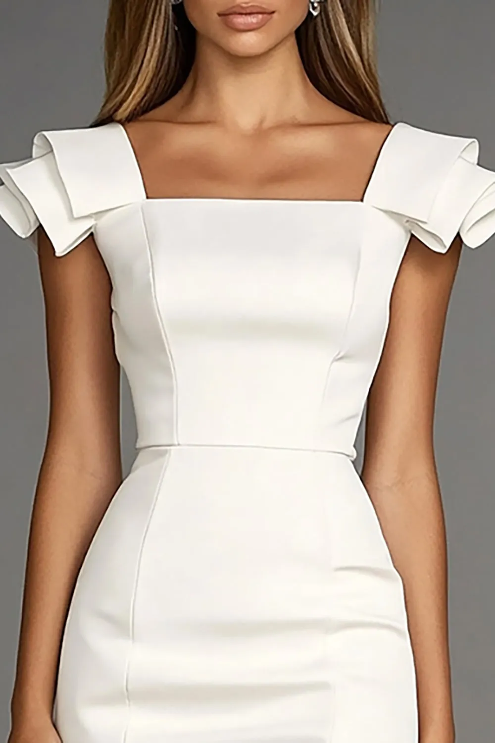 Ivory Bodycon Satin Cap Sleeve Short Work Dress sold by Zapaka product image thumbnail 2