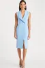 Sky Blue Shawl Lapel Satin Knee-Length Work Dress with Slit sold by Zapaka