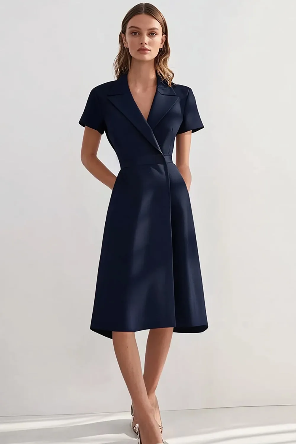 Navy A Line Peak Lapel Tea-Length Work Dress sold by Zapaka