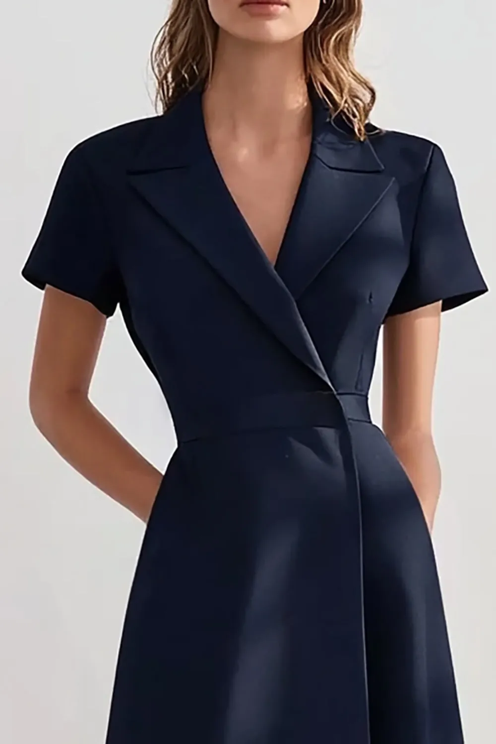 Navy A Line Peak Lapel Tea-Length Work Dress sold by Zapaka product image thumbnail 2