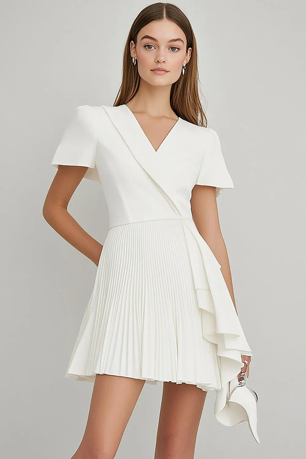 Ivory Pleated Satin Short Work Dress with Ruffles sold by Zapaka