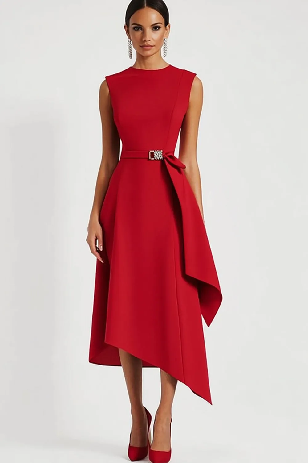 Red Satin Sheath Asymmetrical Work Dress sold by Zapaka
