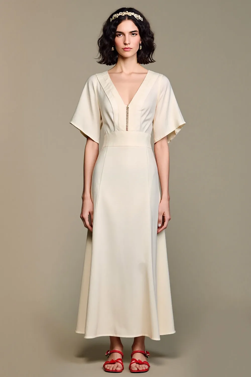 A Line V Neck Long White Wedding Guest Dress sold by Zapaka