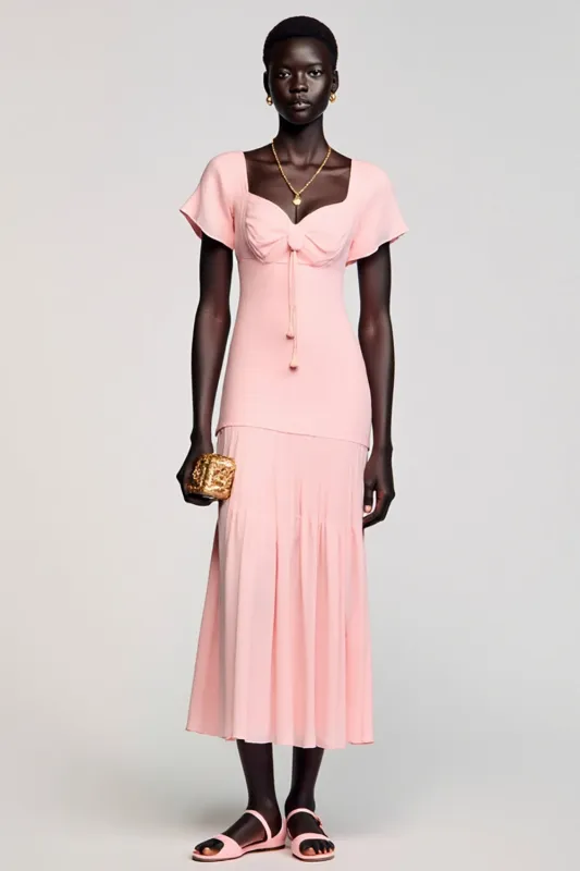 A Line Pink Midi Wedding Guest Dress With Bow sold by Zapaka