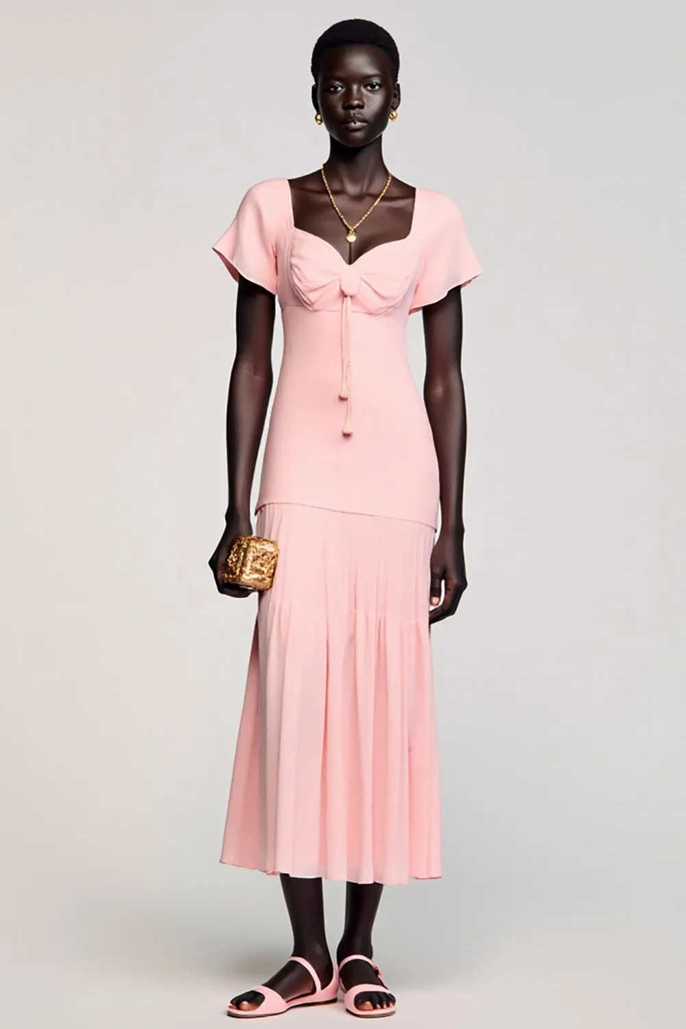 A Line Pink Midi Wedding Guest Dress With Bow sold by Zapaka