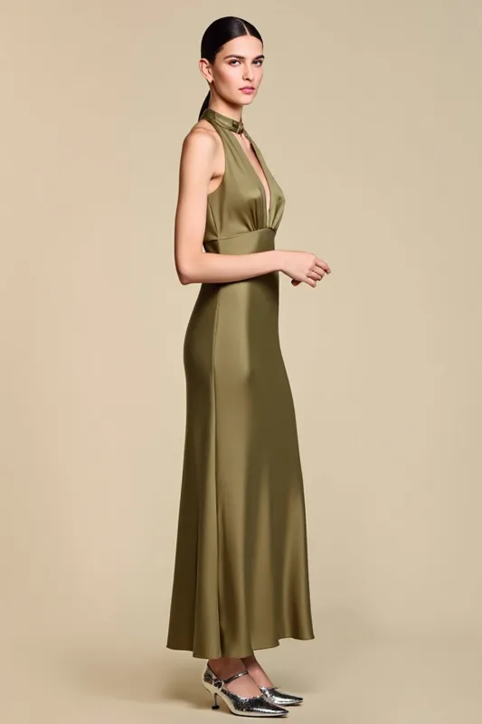 Halter Keyhole Sheath Olive Wedding Guest Dress sold by Zapaka