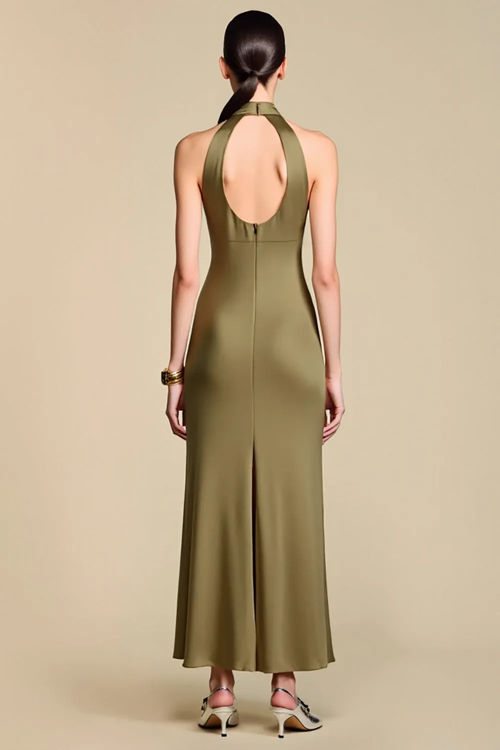 Halter Keyhole Sheath Olive Wedding Guest Dress sold by Zapaka product image thumbnail 2
