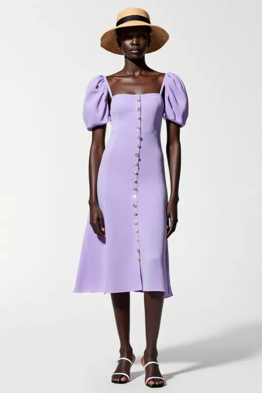 Purple A Line Puff Sleeve Midi Wedding Guest Dress sold by Zapaka