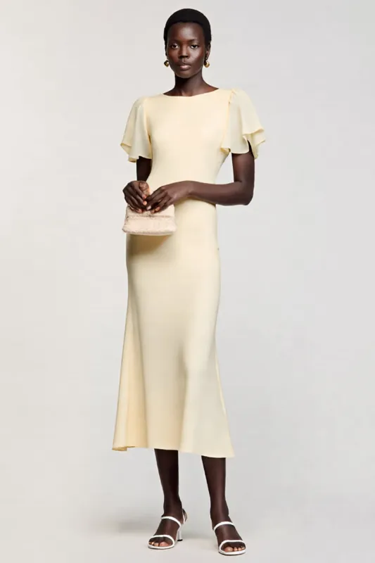 Ivory Sheath Ruffle Sleeves Midi Wedding Guest Dress sold by Zapaka