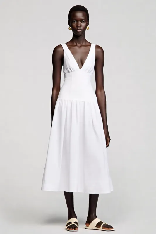 A Line V Neck Midi White Wedding Guest Dress sold by Zapaka