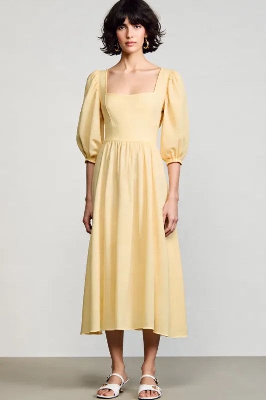 Yellow Square Neck A Line Midi Wedding Guest Dress sold by Zapaka