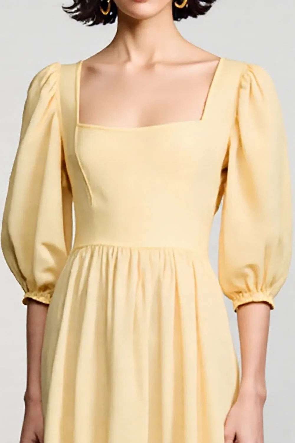 Yellow Square Neck A Line Midi Wedding Guest Dress sold by Zapaka product image thumbnail 3