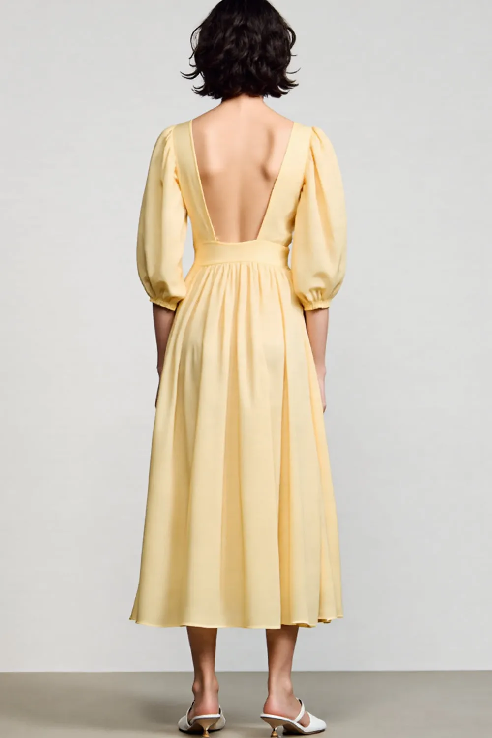 Yellow Square Neck A Line Midi Wedding Guest Dress sold by Zapaka product image thumbnail 2