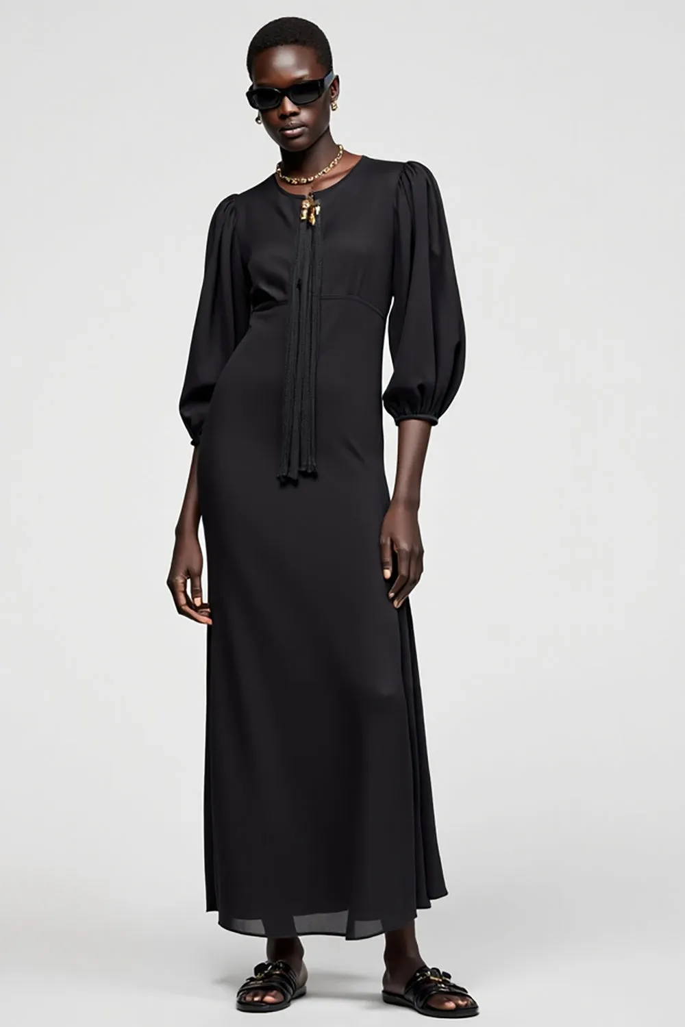 Black A Line 3/4 Sleeve Long Wedding Guest Dress With Tassel sold by Zapaka