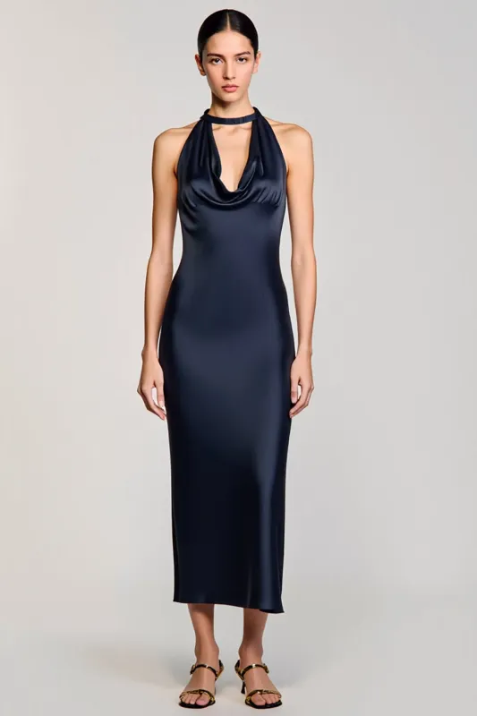 Halter Navy Sheath Midi Wedding Guest Dress sold by Zapaka