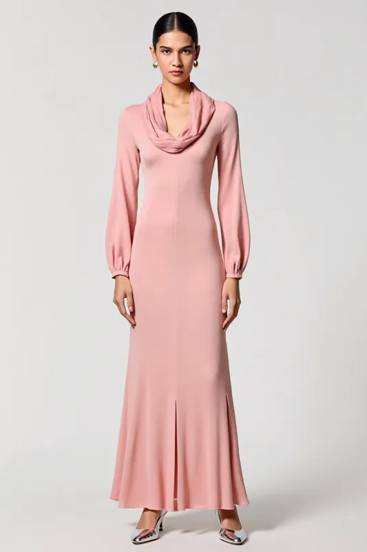 Long Sleeve Cowl Neck A Line Pink Wedding Guest Dress sold by Zapaka