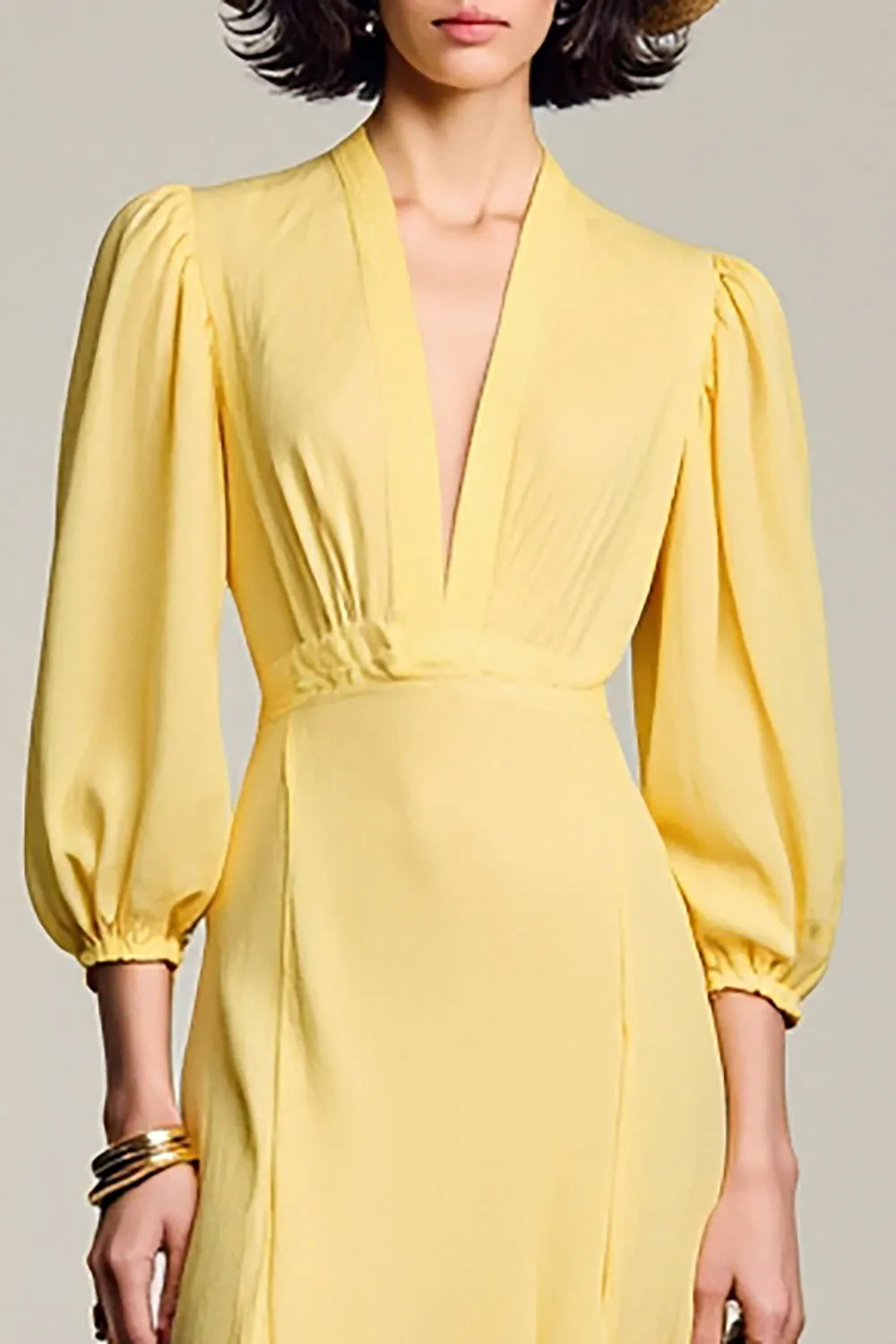 A Line Yellow V Neck Long Wedding Guest Dress sold by Zapaka product image thumbnail 3