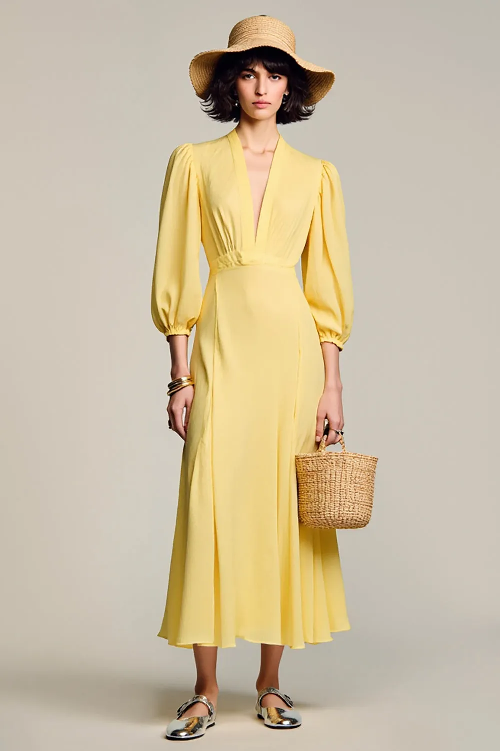 A Line Yellow V Neck Long Wedding Guest Dress sold by Zapaka