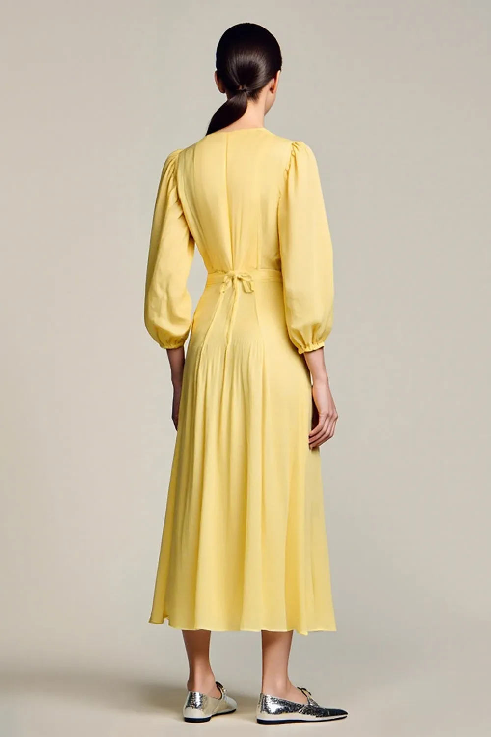 A Line Yellow V Neck Long Wedding Guest Dress sold by Zapaka product image thumbnail 2