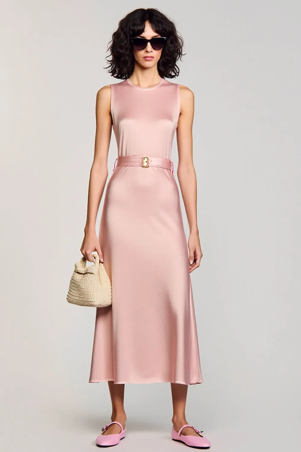 A Line Pink Round Neck Long Wedding Guest Dress With Belt sold by Zapaka