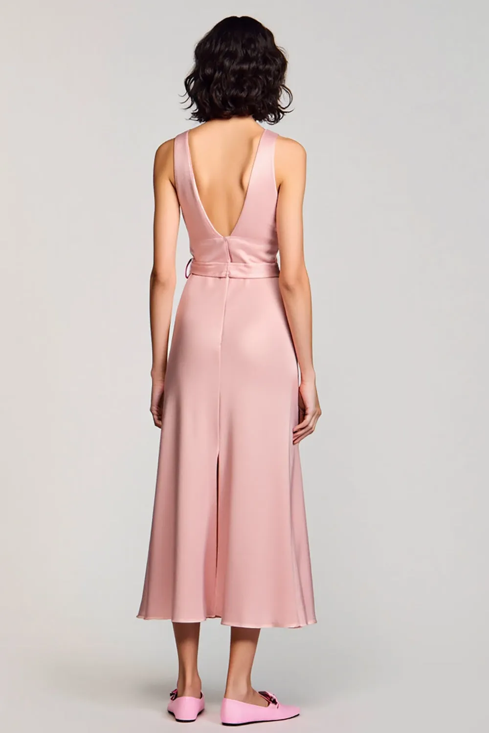 A Line Pink Round Neck Long Wedding Guest Dress With Belt sold by Zapaka product image thumbnail 2
