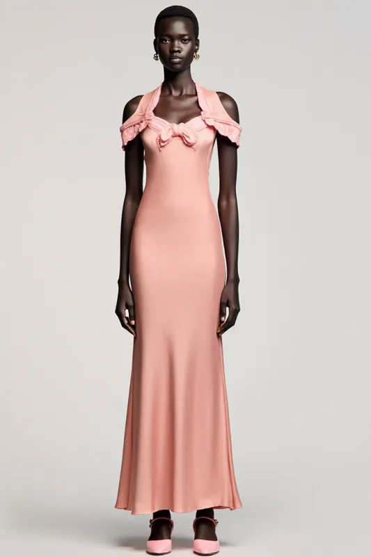 Cold Shoulder Mermaid Pink Wedding Guest Dress With Bow sold by Zapaka