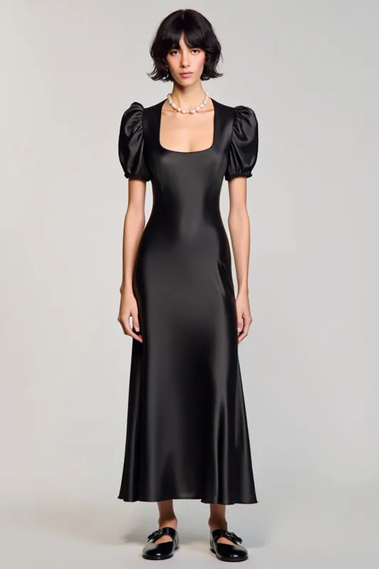 A Line Black Puff Sleeve Long Wedding Guest Dress sold by Zapaka