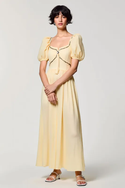 Apricot A Line Square Neck Puff Sleeve Wedding Guest Dress sold by Zapaka