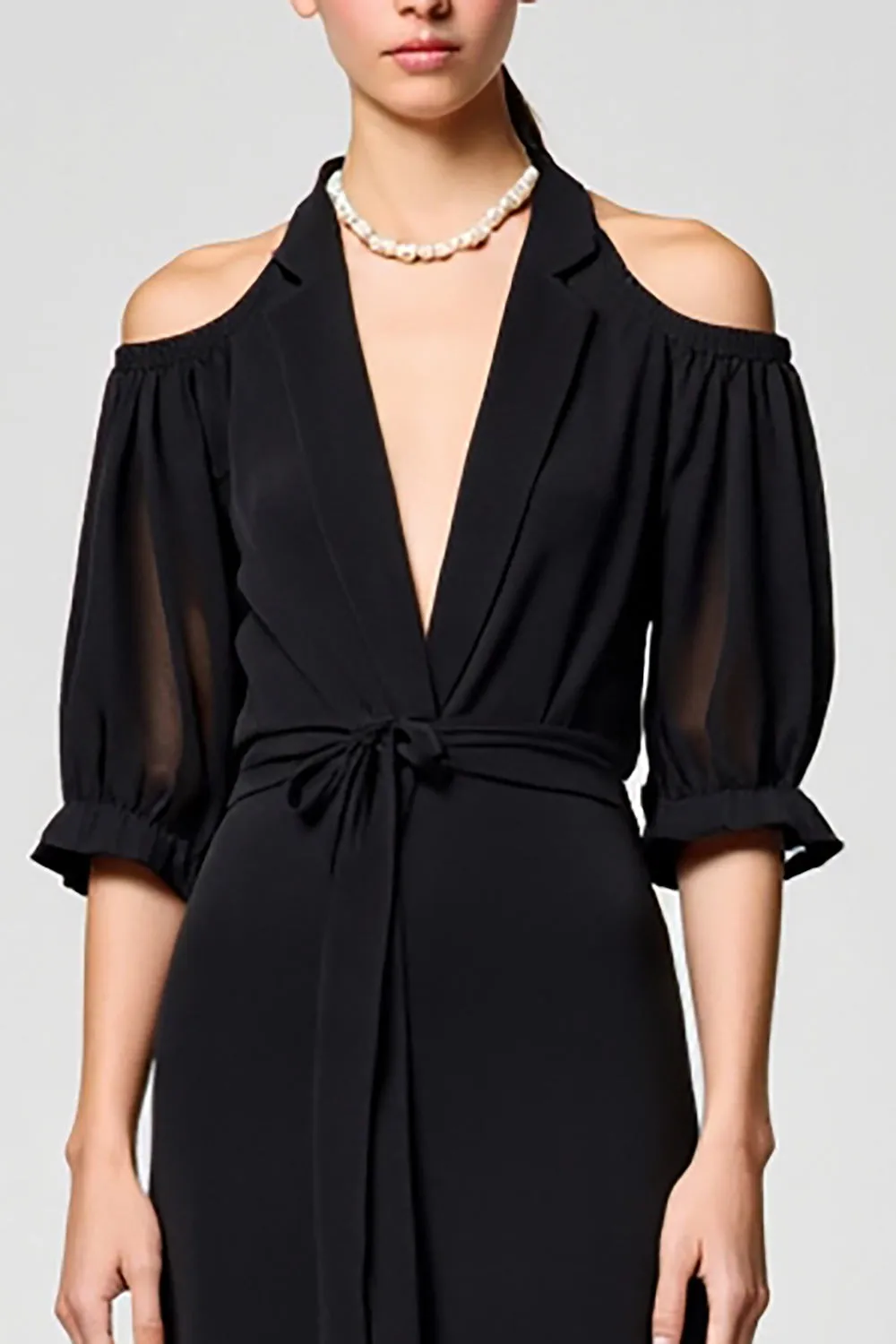 Black Cold Shoulder A Line Long Wedding Guest Dress sold by Zapaka product image thumbnail 3