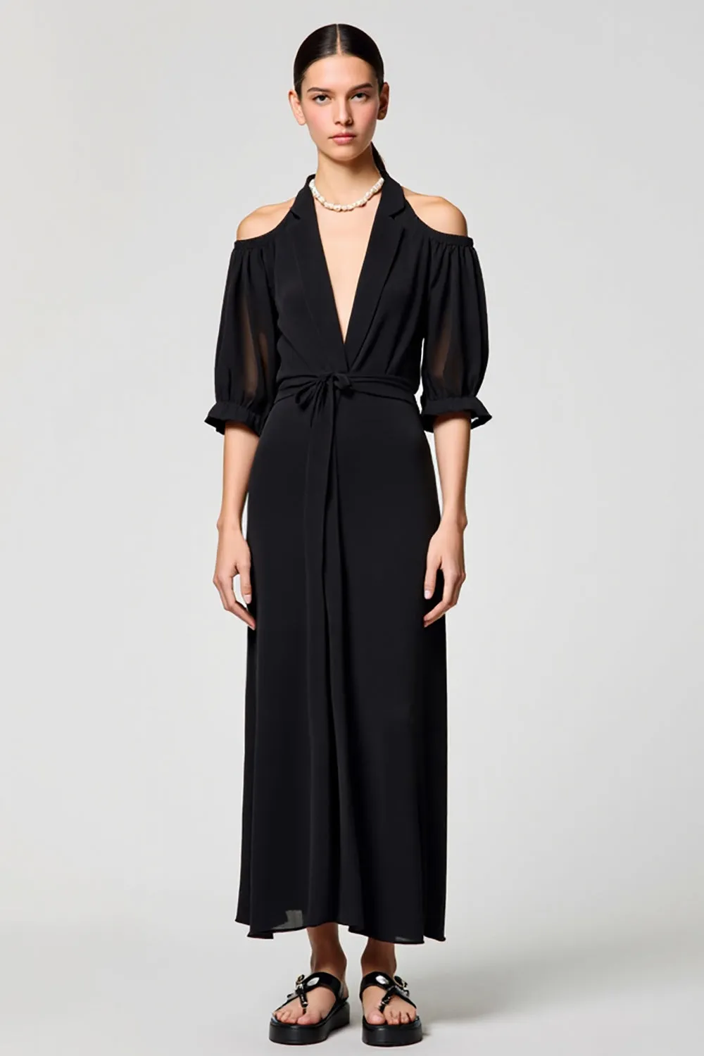 Black Cold Shoulder A Line Long Wedding Guest Dress sold by Zapaka