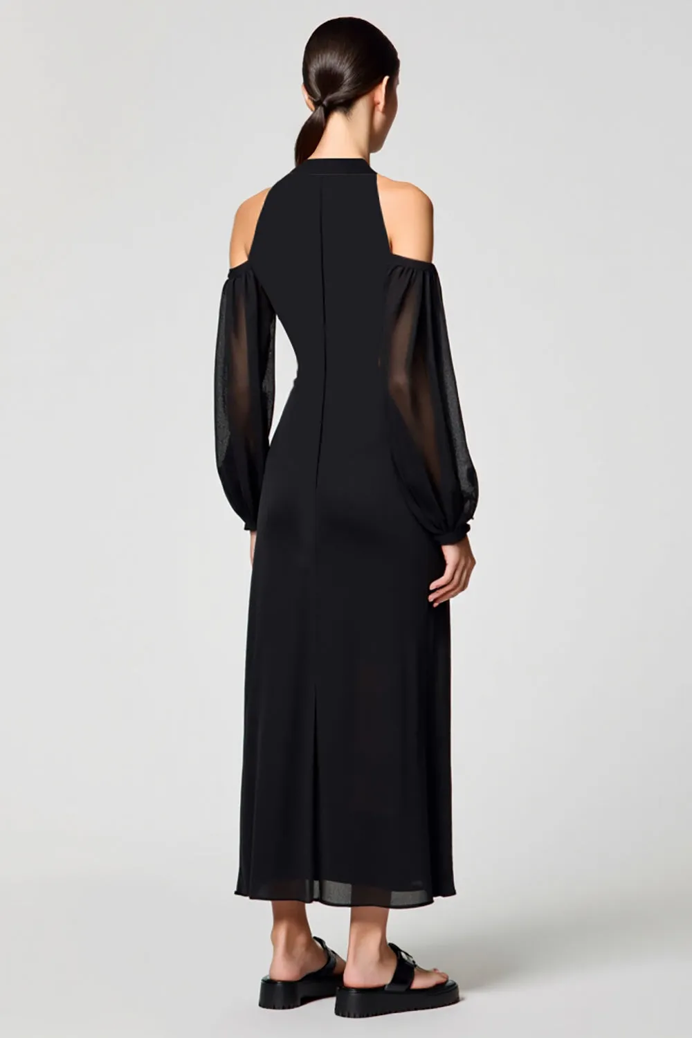 Black Cold Shoulder A Line Long Wedding Guest Dress sold by Zapaka product image thumbnail 2